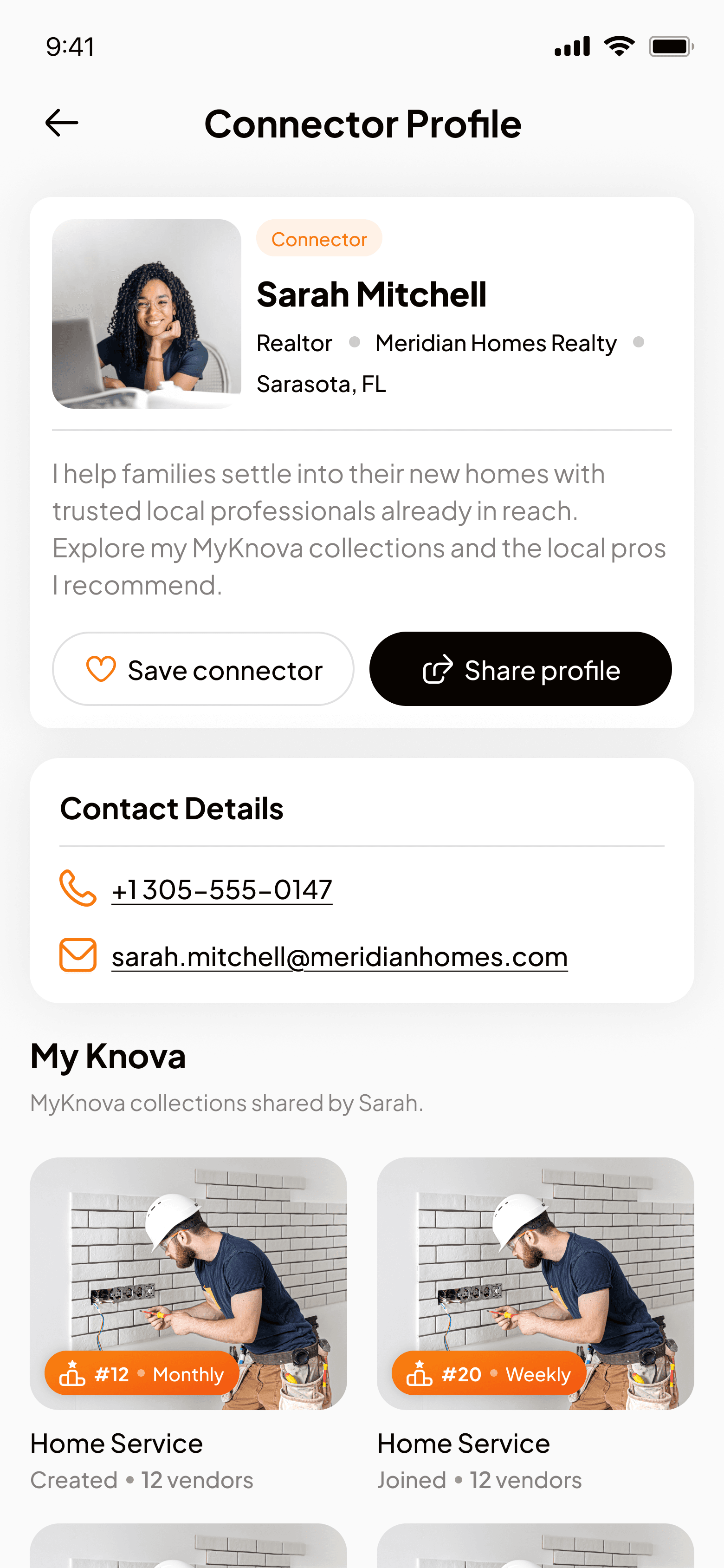 MyKNOVA connector profile screen showing Sarah Mitchell, a realtor, with her contact details